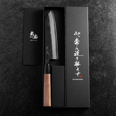 Bunka Blue Steel #2 Kurouchi Damast Büffelhorn und Walnussholz Griff 180mm