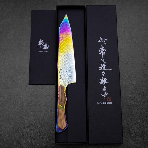 Bunka VG-10 Mirror Damascus Olive Handle 180mm - Rainbow
