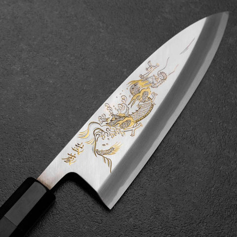 Deba White Steel #2 Kasumi Chokin Dragon Buffalo Ebony Handle 180mm