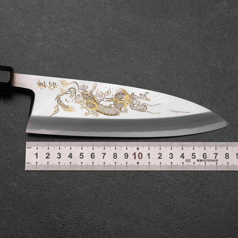 Deba White Steel #2 Kasumi Chokin Dragon Buffalo Ebony Handle 180mm