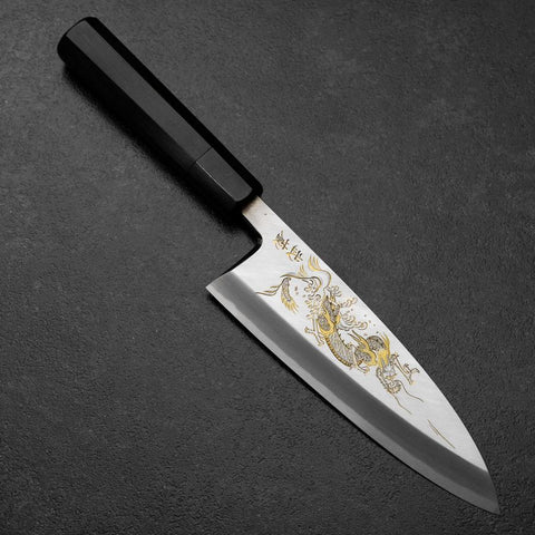 Deba White Steel #2 Kasumi Chokin Dragon Buffalo Ebony Handle 180mm