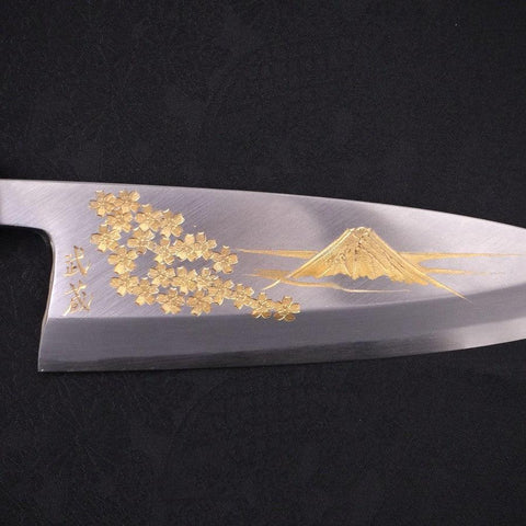 Deba White Steel #2 Kasumi Chokin Gold Sakura-Fuji Buffalo Ebony Handle 180mm