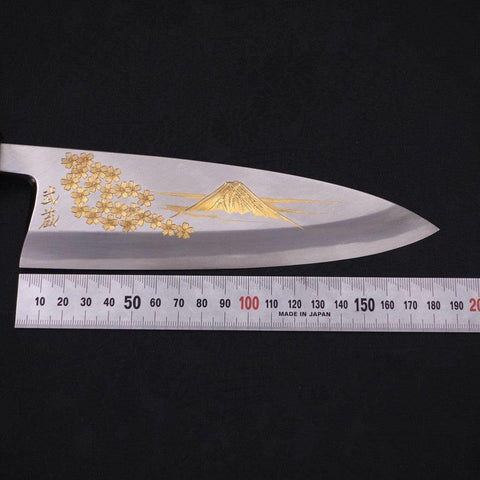 Deba White Steel #2 Kasumi Chokin Gold Sakura-Fuji Buffalo Ebony Handle 180mm