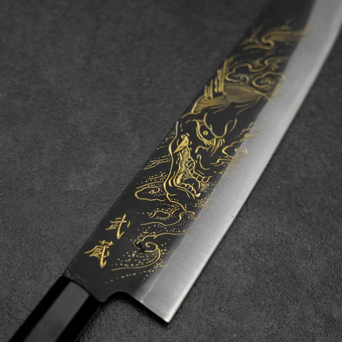 Gyuto Blue Steel #2 Kurouchi Chokin Hannya Buffalo Ebony Handle 210mm