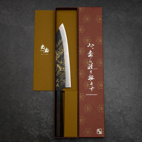 Gyuto Blue Steel #2 Kurouchi Chokin Hannya Buffalo Ebony Handle 210mm