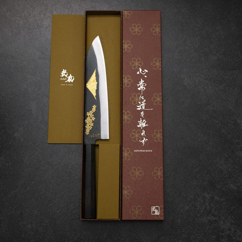 Gyuto Blue Steel #2 Kurouchi Chokin Sakura-Fuji Buffalo Ebony Handle 210mm (Asamura)