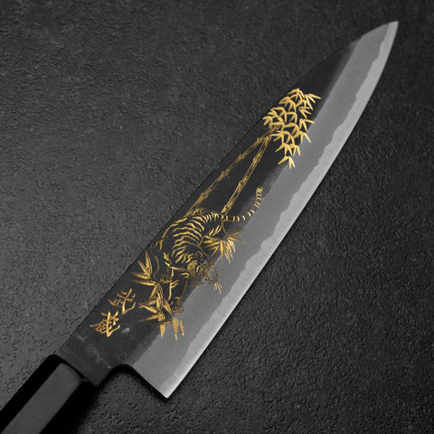 Gyuto Blue Steel #2 Kurouchi Stainless Clad Chokin Tiger-Bamboo Buffalo Ebony Handle 210mm