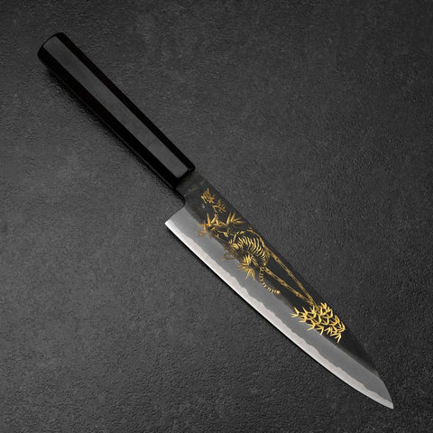 Gyuto Blue Steel #2 Kurouchi Stainless Clad Chokin Tiger-Bamboo Buffalo Ebony Handle 210mm