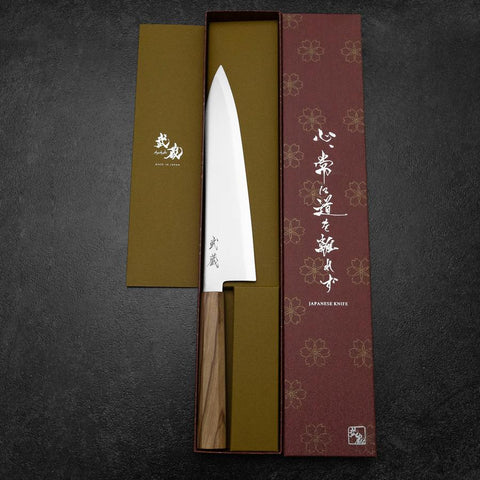 Gyuto Blue Steel #2 Polished Stainless Clad Olive Handle 210mm