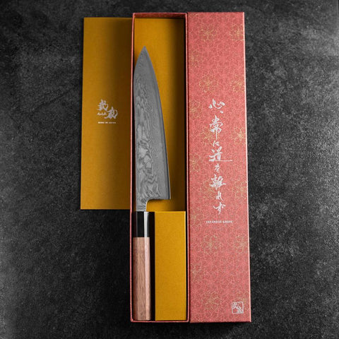 Gyuto SLD Wave Nickel Damast Büffelhorn und Walnussholz Griff 210mm