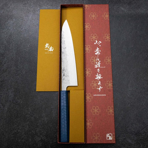 Gyuto Sweden Stainless Steel Nashiji Washi Damascus Blue Urushi Handle 210mm