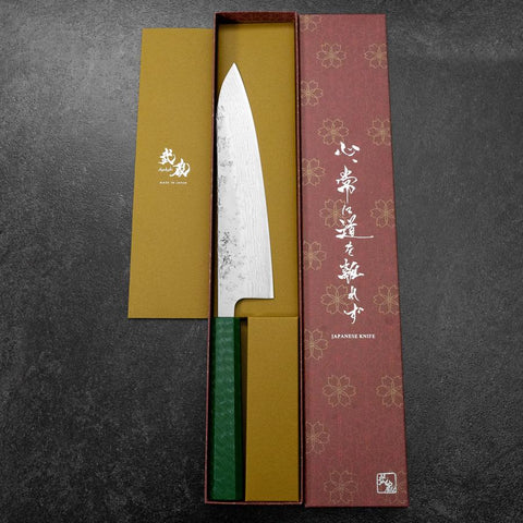 Gyuto Sweden Stainless Steel Nashiji Washi Damascus Green Urushi Handle 210mm