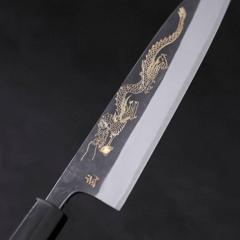Gyuto White Steel #2 Kurouchi Stainless Clad Chokin Dragon Buffalo Ebony Handle 190mm