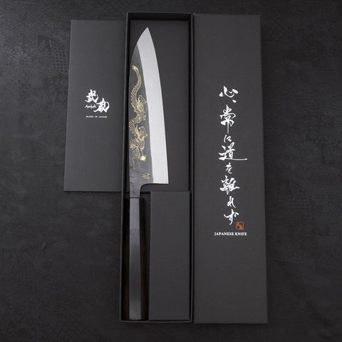 Gyuto White Steel #2 Kurouchi Stainless Clad Chokin Dragon Buffalo Ebony Handle 190mm