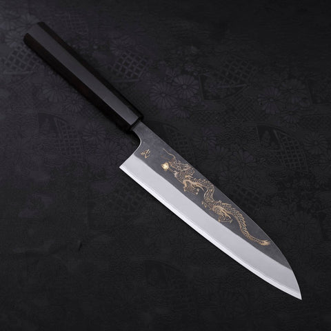 Gyuto White Steel #2 Kurouchi Stainless Clad Chokin Dragon Buffalo Ebony Handle 190mm