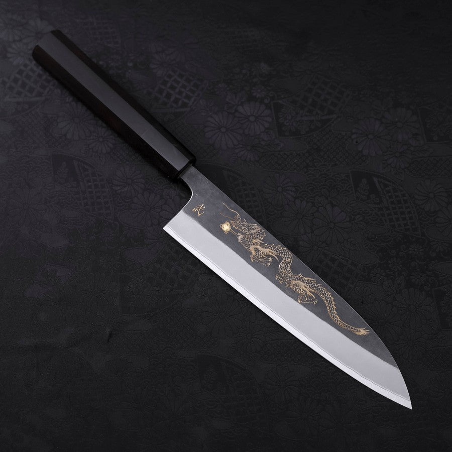 Gyuto White Steel #2 Kurouchi Stainless Clad Chokin Dragon Buffalo Ebony Handle 190mm