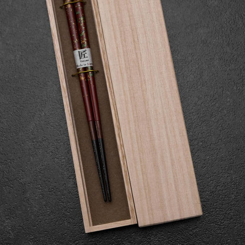 Hosomi Hangai (shell inlay) Lacquered Wooden Chopsticks 215mm Red with Paulownia Wooden Box