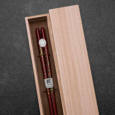Hosomi Hangai (shell inlay) Lacquered Wooden Chopsticks 215mm Red with Paulownia Wooden Box
