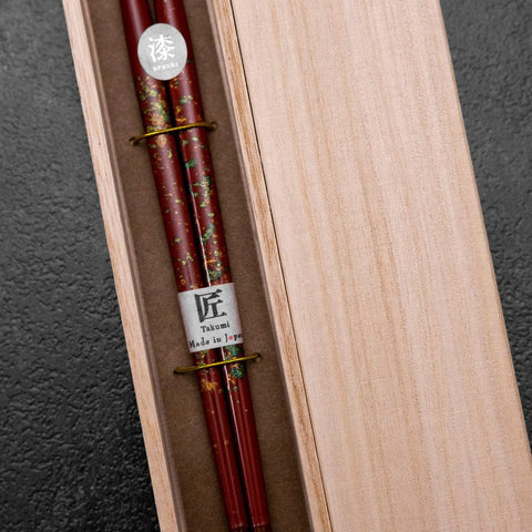 Hosomi Hangai (shell inlay) Lacquered Wooden Chopsticks 215mm Red with Paulownia Wooden Box
