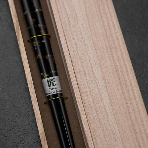 Hosomi Hangai (shell inlay) Lacquered Wooden Chopsticks 235mm Black with Paulownia Wooden Box