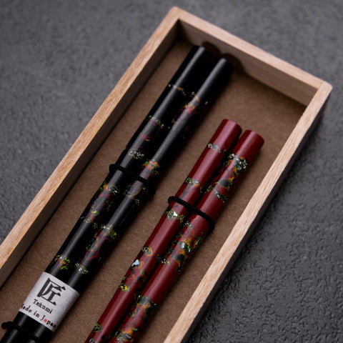Hosomi Hangai (shell inlay) Lacquered Wooden Chopsticks Set 215mm Red and 235mm Black with Paulownia Wooden Box