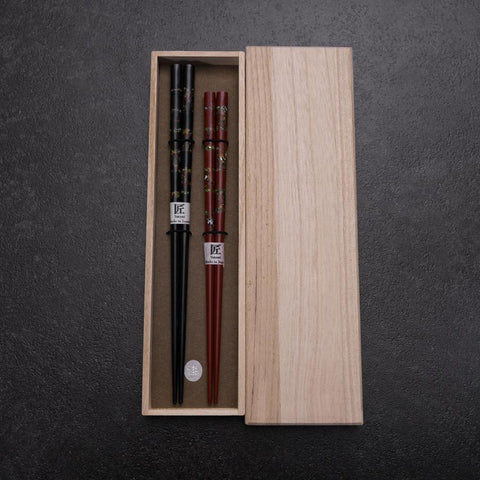 Hosomi Hangai (shell inlay) Lacquered Wooden Chopsticks Set 215mm Red and 235mm Black with Paulownia Wooden Box