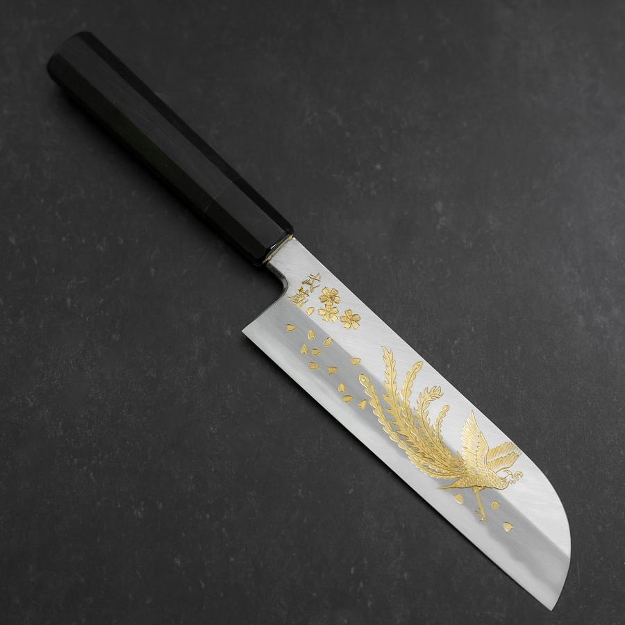 Kama Usuba White steel #2 Kasumi Chokin Phoenix-Sakura Buffalo Ebony Handle 180mm-[Musashi]-[Japanese-Kitchen-Knives]