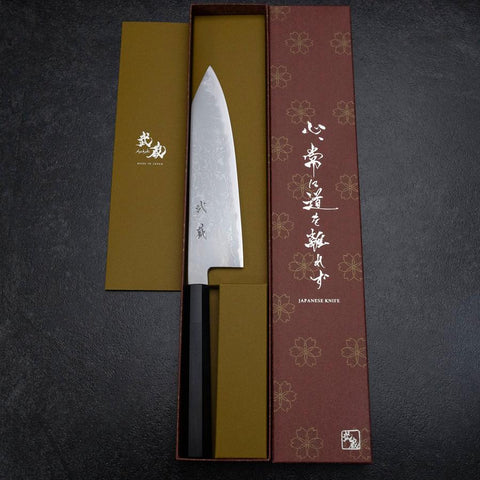 Kiritsuke Blue Steel #2 Damascus Buffalo Ebony Handle 200mm