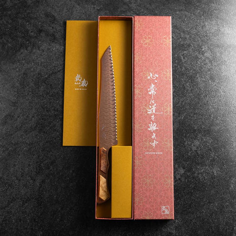 Kiritsuke Bread knife VG-10 Mirror Damascus Maple Handle 210mm - Brown