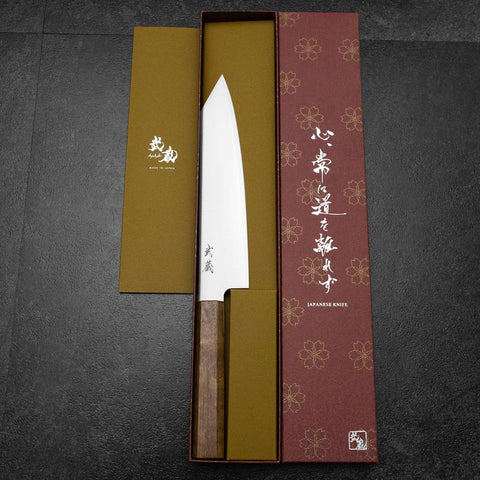 Kiritsuke Gyuto Blue Steel #2 Polished Stainless Clad Olive Handle 210mm