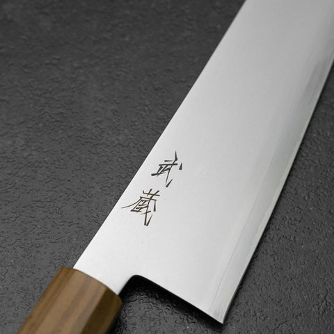 Kiritsuke Gyuto Blue Steel #2 Polished Stainless Clad Olive Handle 240mm