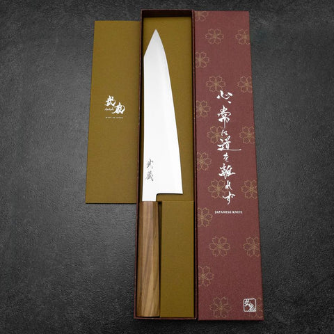 Kiritsuke Gyuto Blue Steel #2 Polished Stainless Clad Olive Handle 240mm