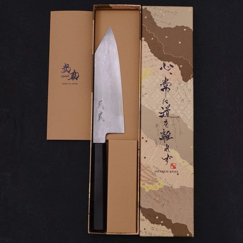 Kiritsuke Santoku Blue Steel #1 Suminagashi Buffalo Ebony Handle 170mm