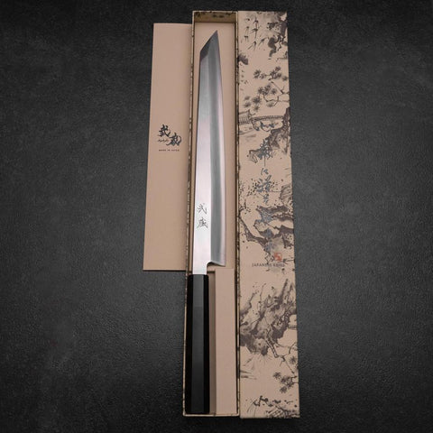 Kiritsuke Yanagiba Silver Steel #3 Kasumi Buffalo Ebony Handle 300mm