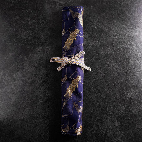 Musashi Japanese Style Kitchen Knife Roll Navy Golden Dragon 4 Pockets Handmade