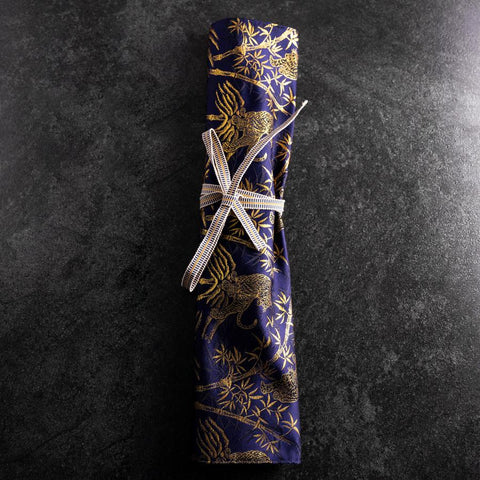 Musashi Japanese Style Kitchen Knife Roll Navy Golden Tora (Tiger) 4 Pockets Handmade