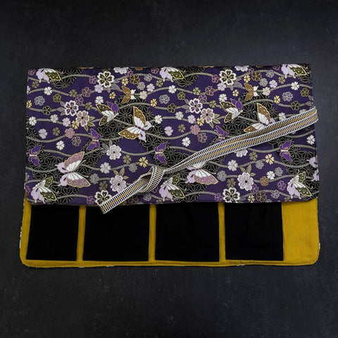 Musashi Japanese Style Kitchen Knife Roll Purple-Gold Butterfly&Sakura 4 Pockets Handmade