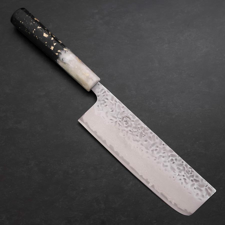 Nakiri AUS-10 Tsuchime Damascus Ocean Black White Gold Handle 165mm-[Musashi]-[Japanese-Kitchen-Knives]