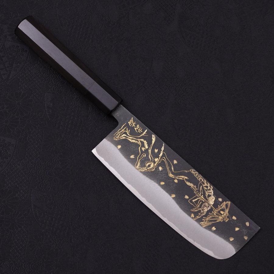 Nakiri Blue steel #2 Kurouchi Chokin Kappa Frog Buffalo Ebony Handle 165mm-[Musashi]-[Japanese-Kitchen-Knives]