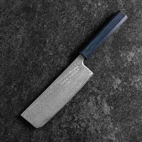 Nakiri Silver Steel #3 Nawame Damascus Dark Blue Urushi Handle 165mm