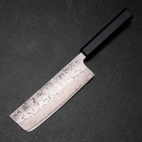 Nakiri Sweden Stainless Steel Nashiji Washi Damascus Blue Urushi Handle 165mm