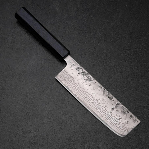 Nakiri Sweden Stainless Steel Nashiji Washi Damascus Blue Urushi Handle 165mm