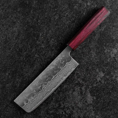 Nakiri Sweden Stainless Steel Nashiji Washi Damascus Purple Urushi Handle 165mm (6.5”)
