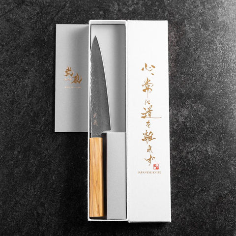 Petty VG-10 Tsuchime Damascus Olive Handle 150mm