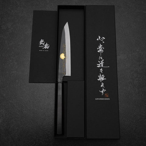 Petty White Steel #2 Stainless Clad Kurouchi Chokin Auspicious Cloud-Sun Buffalo Ebony Handle 150mm