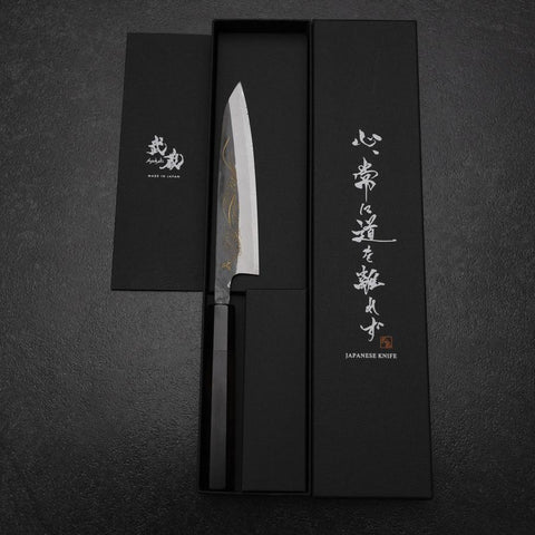 Petty White Steel #2 Stainless Clad Kurouchi Chokin Nami Buffalo Ebony Handle 150mm