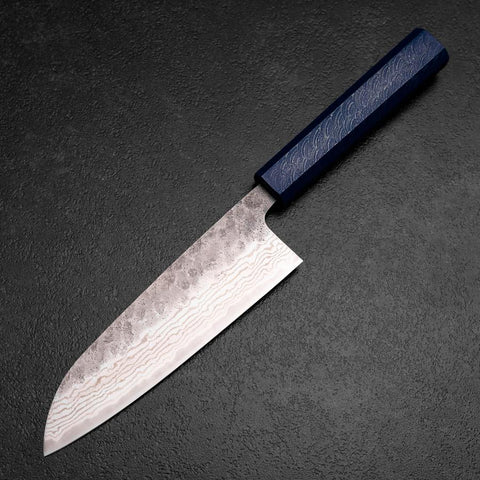 Santoku 440C Nashiji Damascus Blue Urushi Handle 165mm