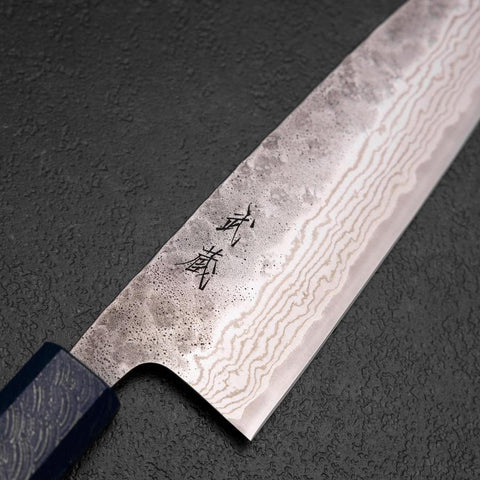 Santoku 440C Nashiji Damascus Blue Urushi Handle 165mm