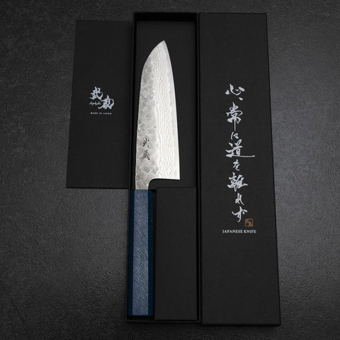 Santoku 440C Nashiji Damascus Blue Urushi Handle 165mm