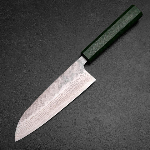 Santoku 440C Nashiji Damascus Green Urushi Handle 165mm